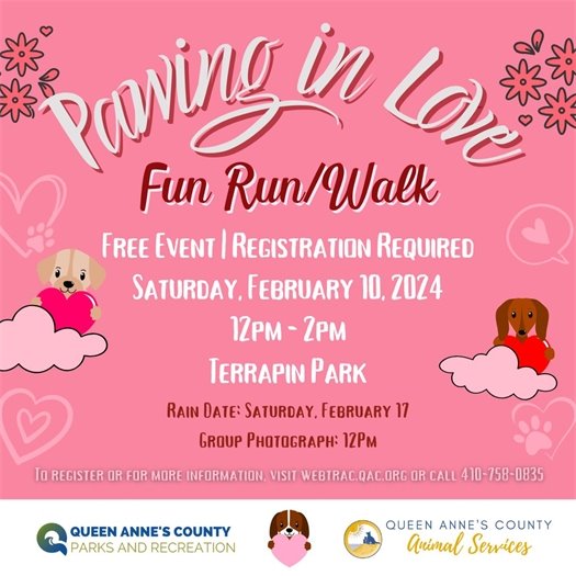 Pink background with hearts, clouds, dogs and cats