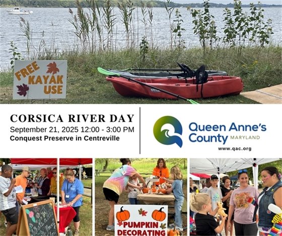 Corsica River Day with pictures of past events including public decorating and children interacting with volunteers and a kayak with the sign free kayak use