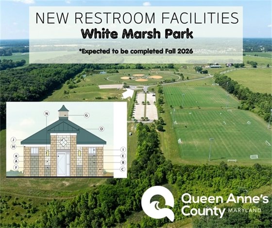 An area-view map of white marsh park and the location of the new restroom facilities