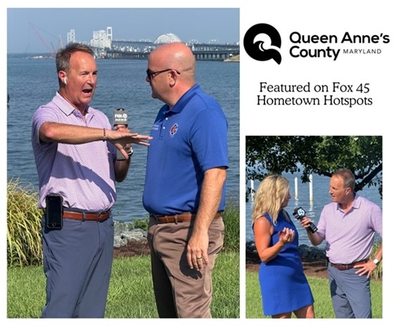 man and woman being interviewed in front of the bay bridge