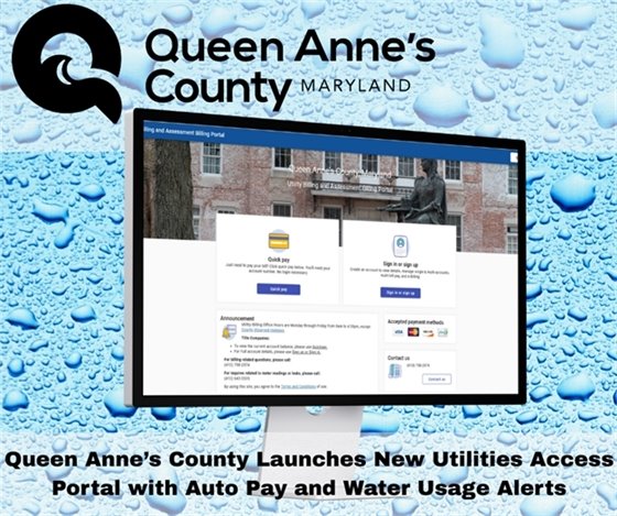 background of water droplets. A computer screen with the county website on the screen
