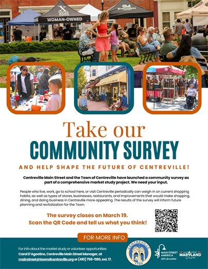 A community survey flyer prompting residents to give their input on business improvements in Centreville
