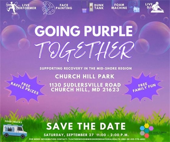 Going Purple together text in front of a purple background with grass at the bottom