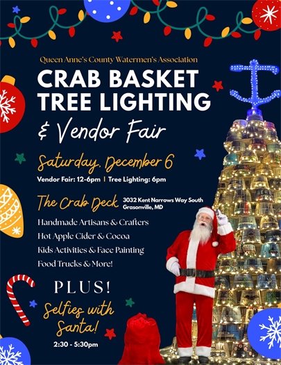 Santa standing in front of a stack of crab baskets decorated and lit